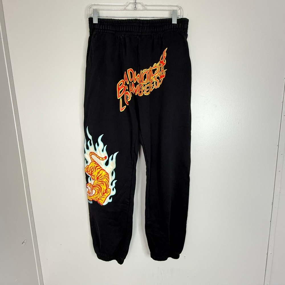 Badwood Sweatpants Mens L Los Angeles Flame Tiger Graphic Joggers Black Street - Picture 2 of 7